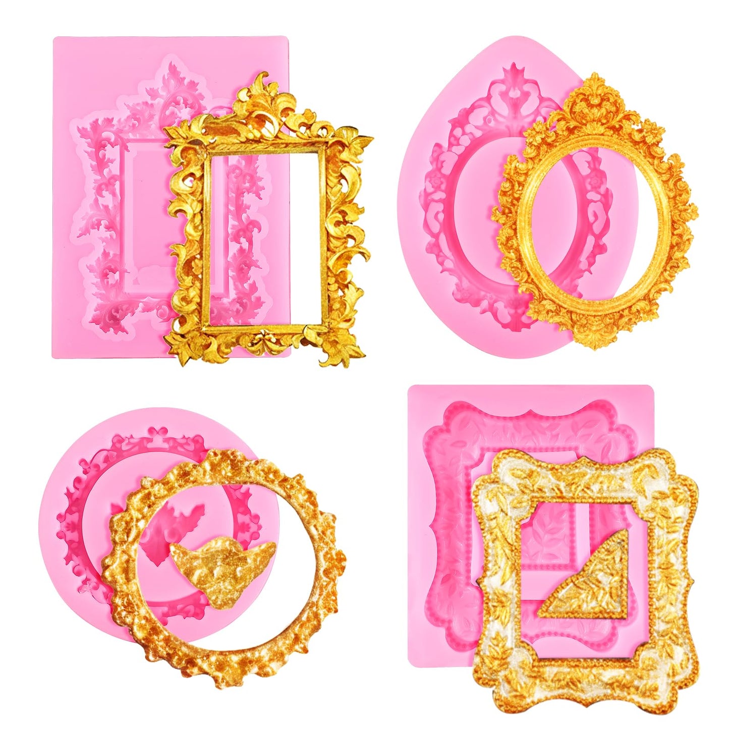 JJUNW 4 Pcs Photo Frame Silicone Molds, Baroque Style Air Dry Clay Molds, Mini Frame Molds Silicone for Cupcake Topper Cake Decoration Chocolate Candy Polymer Clay