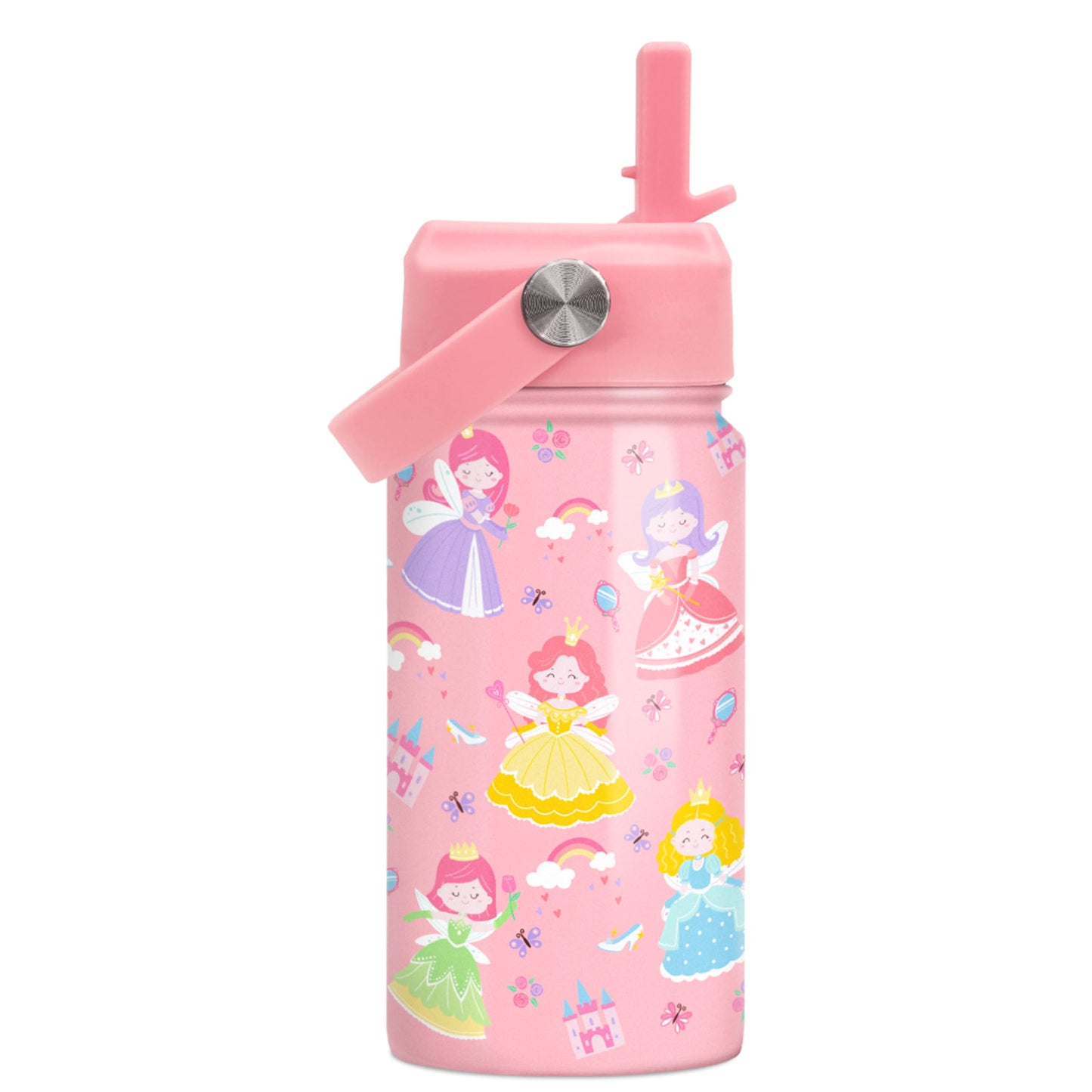 SANDJEST Princess Water Bottle for Girls - Kids Water Bottle with Straw Lid - 12 Oz Insulated Stainless Steel Water Bottles for Kid - Travel Cup for School Sports