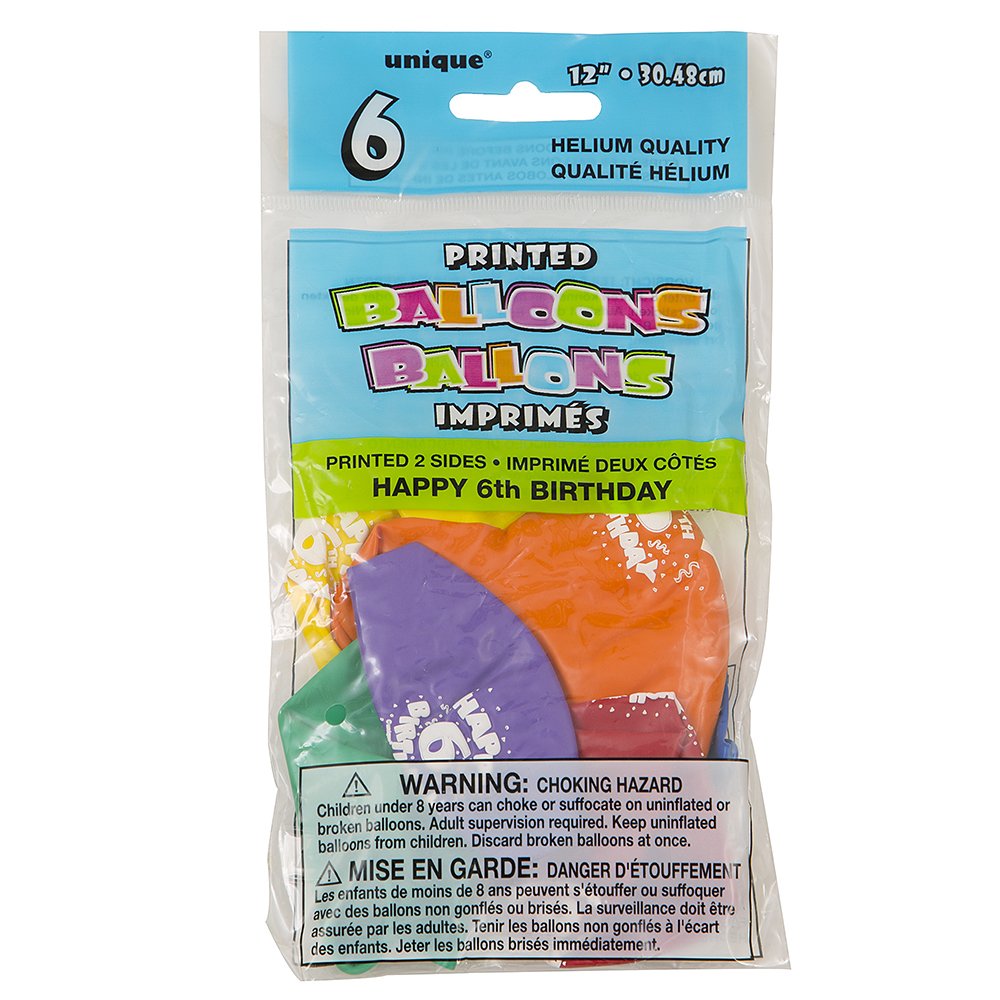 Unique 12" Latex Happy 6th Birthday Balloons, 6ct