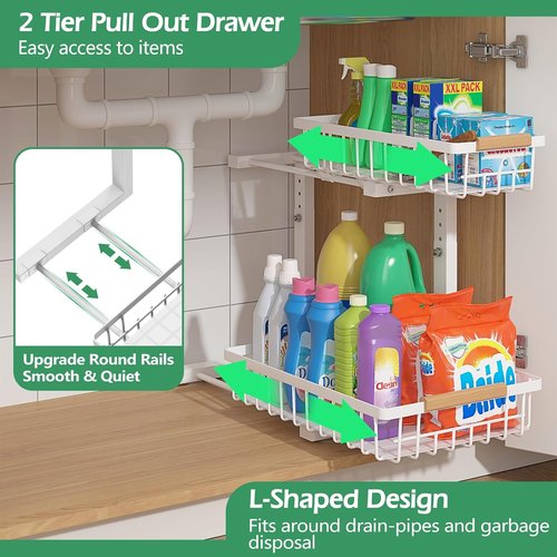 ADRIMER Under Sink Organizer - 2 Pack Pull-Out Kitchen & Bathroom Storage Shelves, White