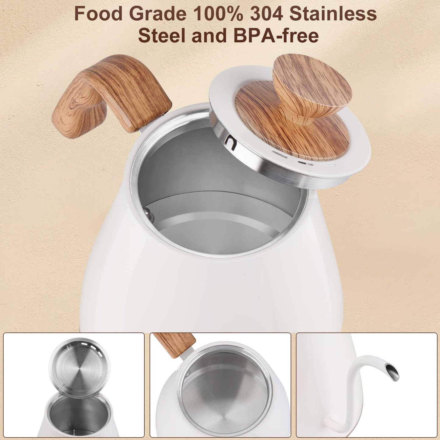 YDDZZM Gooseneck Electric Kettle, Intelligent Temperature Control, Stainless Steel Inner, Quick Heating, for Pour Over Coffee, Brew Tea, Boil Hot Water, 1000W 0.9L Cream White