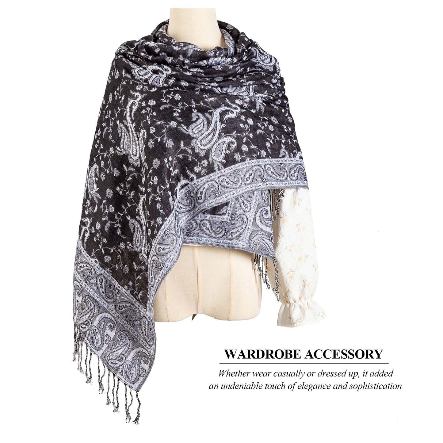 AUSEKALY Pashmina Feel Shawls Wraps for Women Rave Scarf Soft Silky Reversible Men Scarves Black White