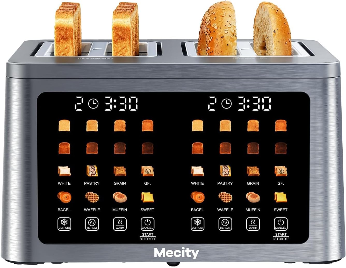 Mecity 4-Slice Toaster - Smart Touch Screen with Dual Control, Auto Shut Off & Keep Warm | Perfect for Bagels & Gluten-Free Breads