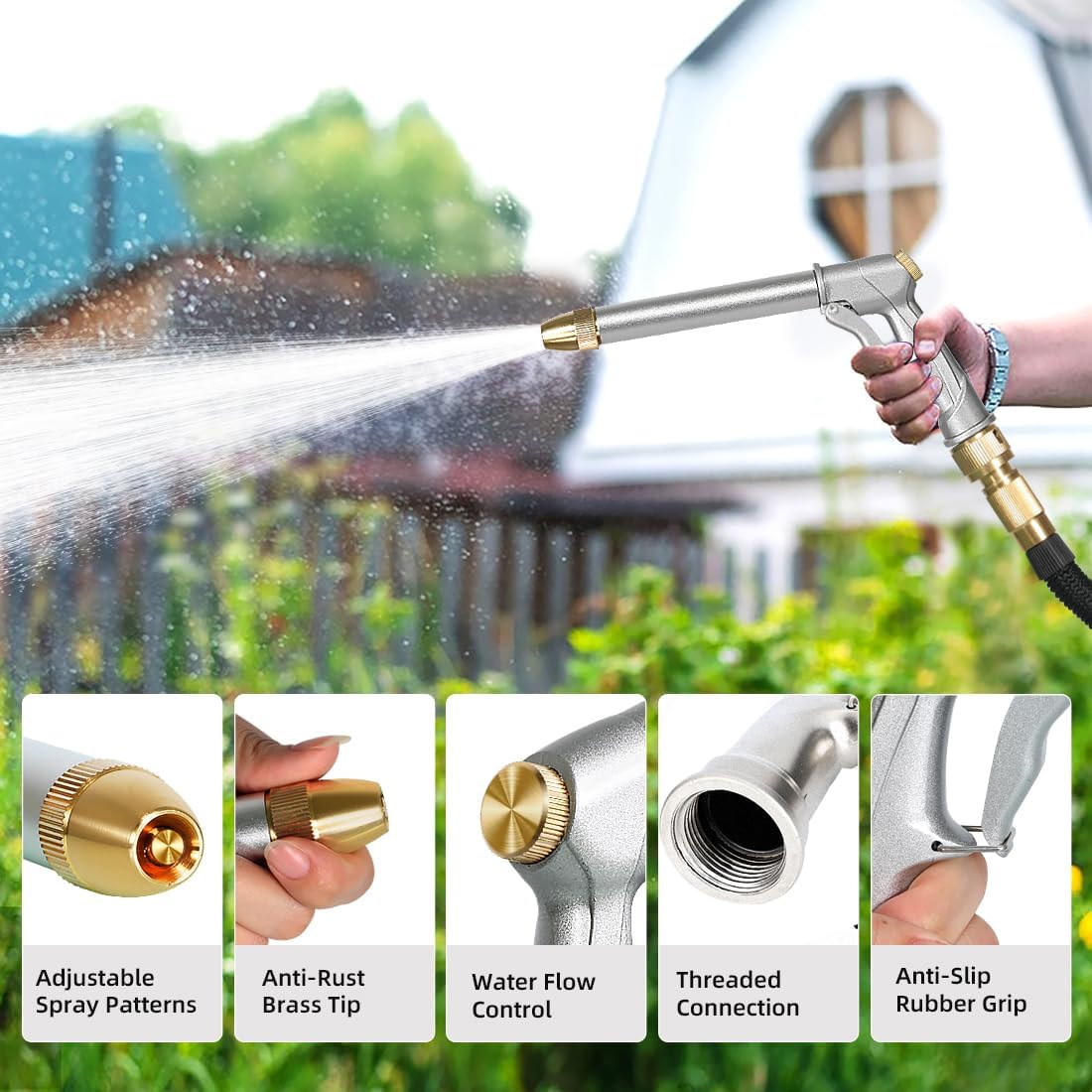 Skiennix Garden Hose Nozzle - Heavy Duty Metal Sprayer with 4 Patterns & 360° Rotation for Lawns & Plants