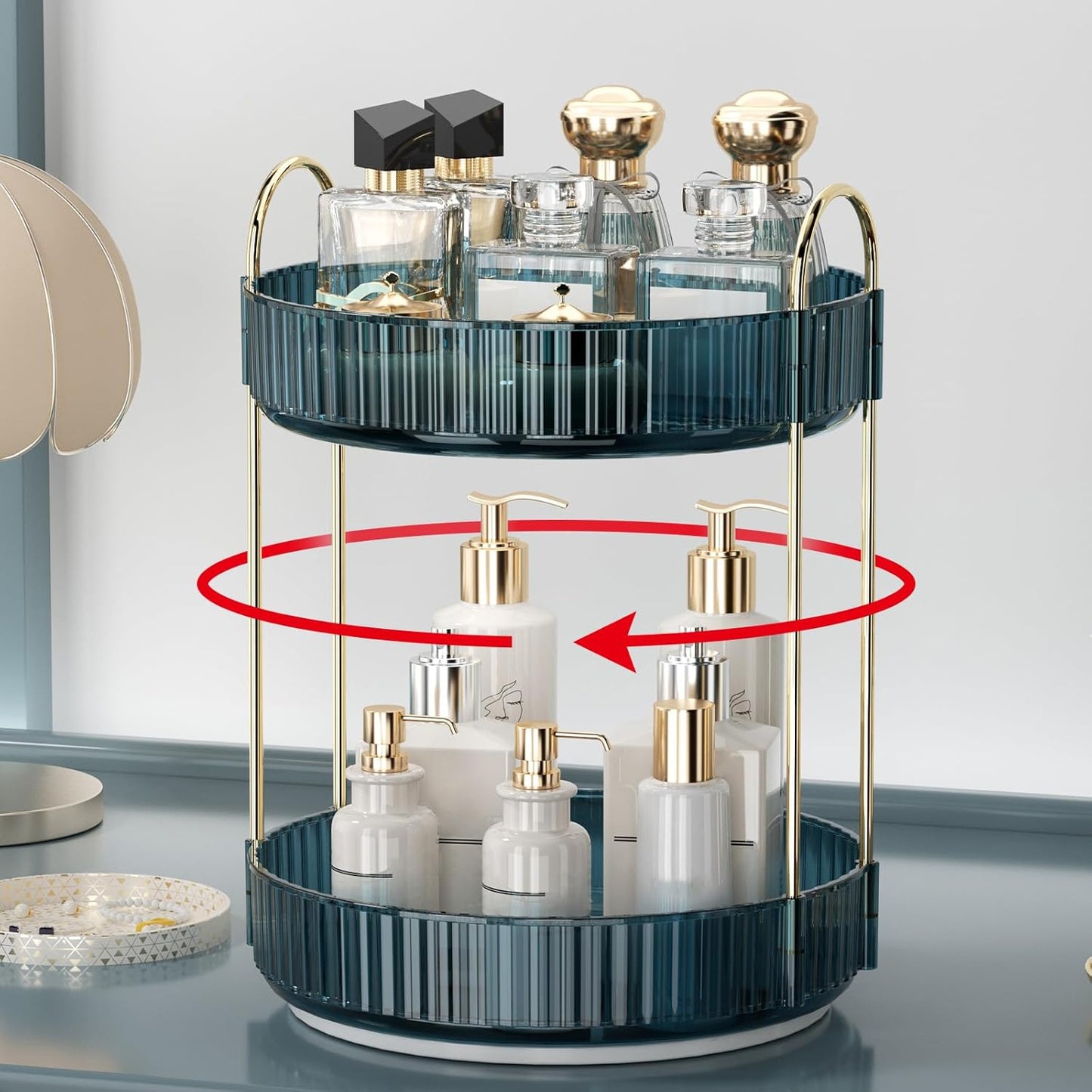 Skiennix 360 Rotating Makeup Organizer - High-Capacity Vanity & Bathroom Storage | 2-Tier Blue Design