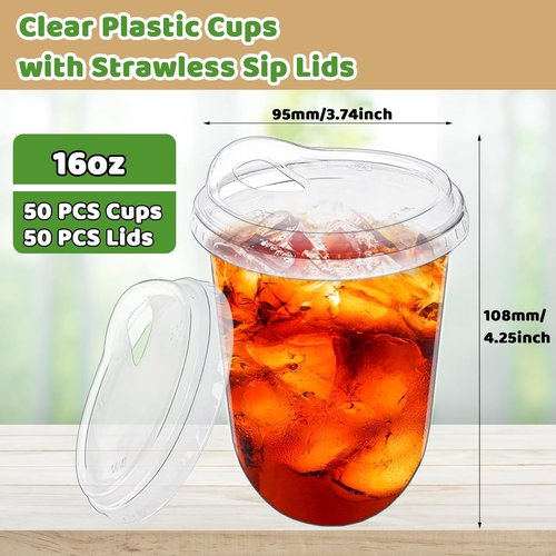 Alaeseje 50 Pack Clear Plastic Cups - 16 oz Disposable Iced Coffee Cups with Strawless Lids