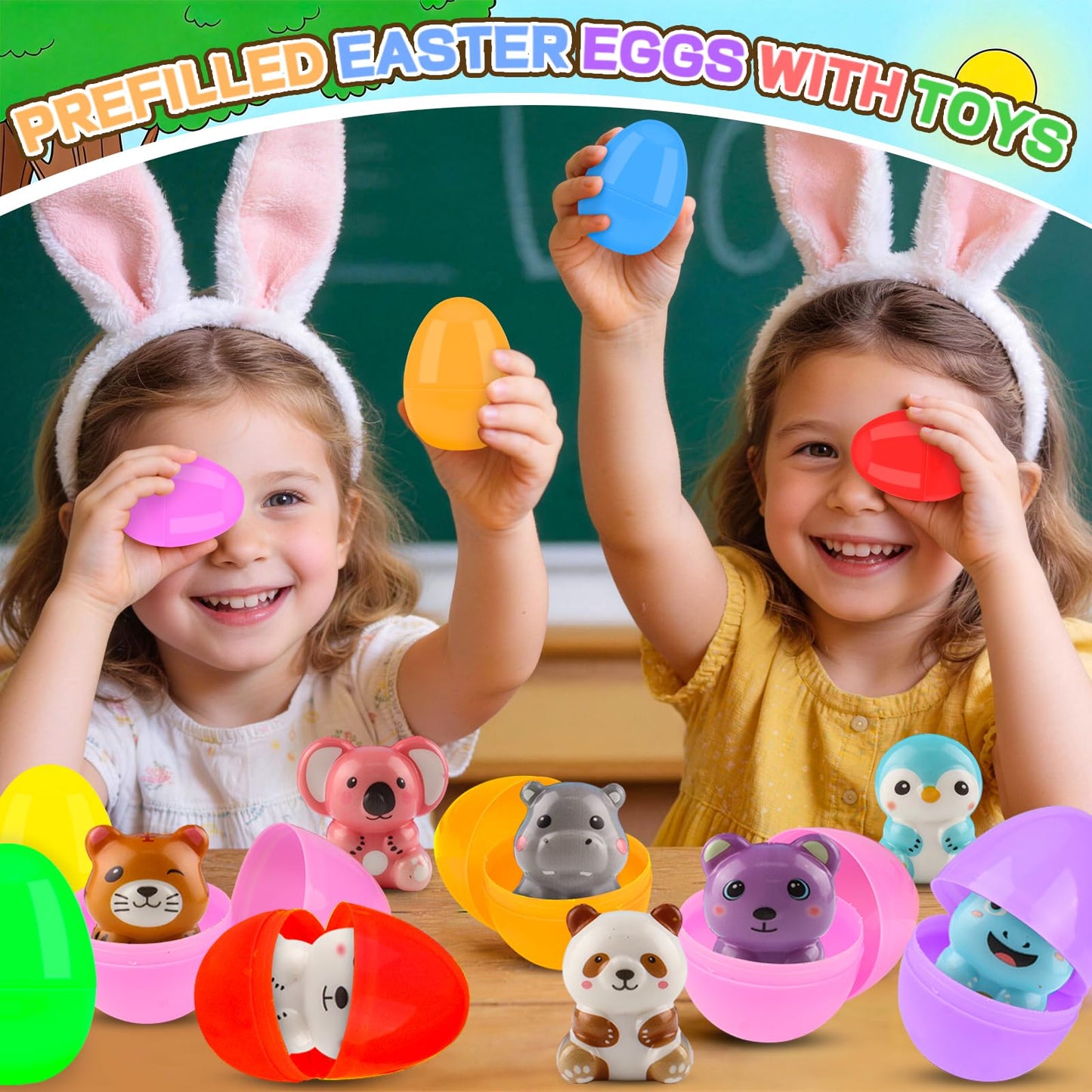 KissFuture 24 Pack Prefilled Easter Eggs with Animal Squishy Toys, Easter Eggs Filled for Egg Hunt, Easter Basket Stuffers, Easter Gifts for Kids, Easter Party Favors Prizes