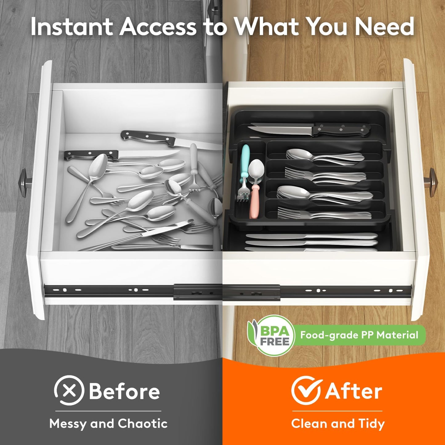 Lifewit Silverware Drawer Organizer, Expandable Utensil Tray for Kitchen, BPA Free Flatware and Cutlery Holder, Adjustable Plastic Storage for Spoons Forks Knives, 8.9-14.7 x 12.2", White