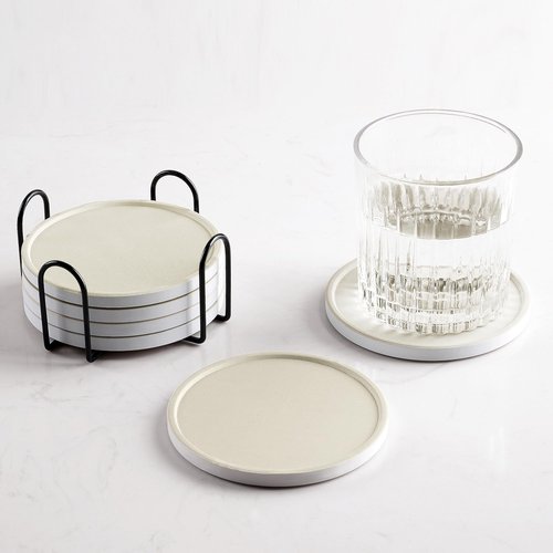 Hoomey Set of 6 Beige Coasters with Holder, Absorbent Ceramic Drink Coasters with Cork Backing for Table Protection, Table Decor, Housewarming Gifts