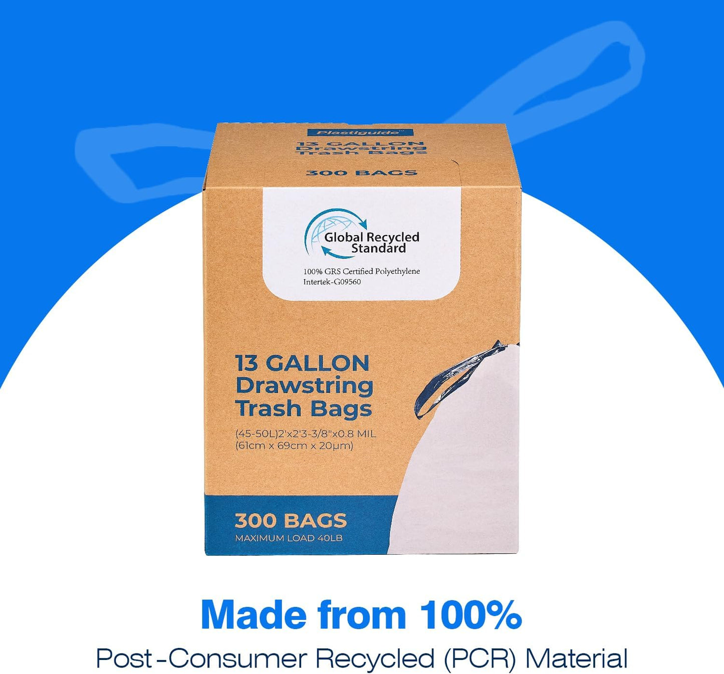 Regine Switzerland Tall Kitchen Drawstring Trash Bags - 300 Count, 13 Gallon, 100% Recycled, Unscented, White
