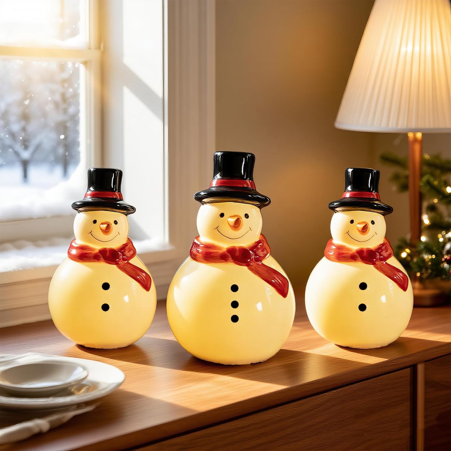 Nerosun Christmas Snowman Figurines - 3 Pack Cute LED Lighted Tabletop Decorations for Winter Decor