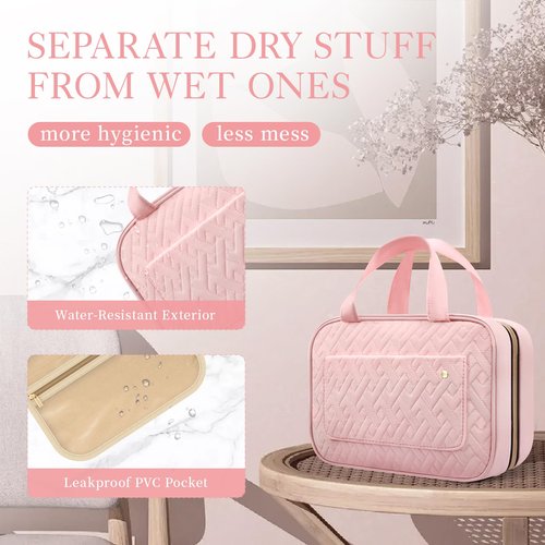 HOTOR Travel Toiletry Bag for Women with Hanging Hook - Portable Cosmetic Case, Toiletry Bag for Traveling Women, Waterproof Travel Essentials, Pink