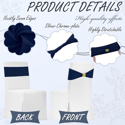 Hahafelt Spandex Chair Sashes with Rhinestone Buckle - 100 Pcs Navy Blue Bowknot Ties for Weddings & Events