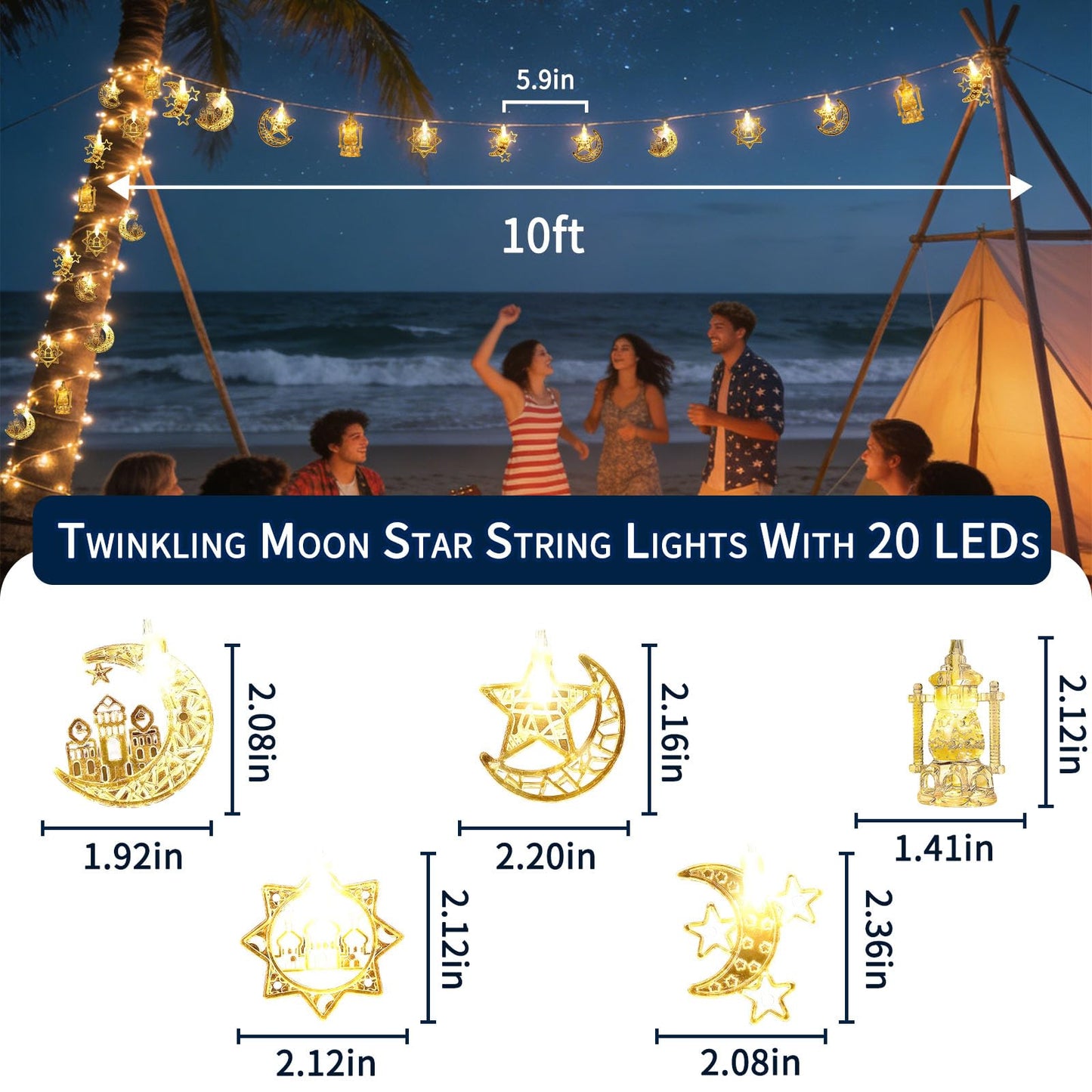 Moon Star String Lights 10FT 20 LED Star Fairy Lights Ramadan Lights with Battery & USB Powered 2 Lighting Modes Waterproof Eid Mubarak lights for Ramadan Decorations Christmas New Year Wedding Party