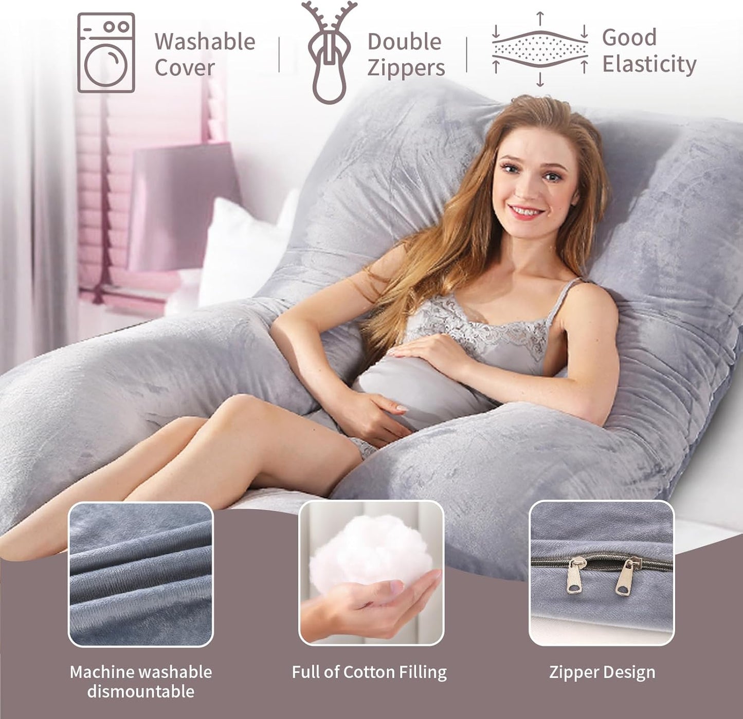 Skiennix 60 Inch U-Shaped Pregnancy Pillow - Cooling Full Body Maternity Support with Washable Velvet Cover | Grey