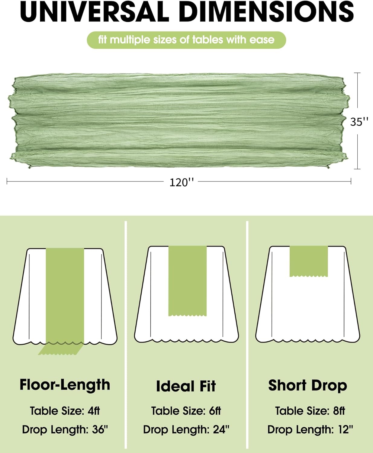 Pureegg Table Cloth Set - 10 Waterproof Disposable Tablecloths (54"x108") & 2 Decorative Cheesecloth Runners (35"x120") | Perfect for Parties, Picnics & Weddings in White & Sage