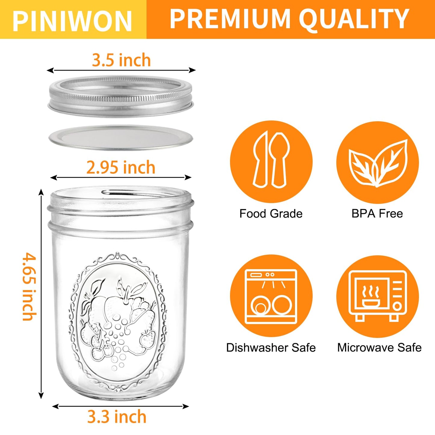 PINIWON Wide Mouth Mason Jars 16 oz with Airtight Lids and Bands, 6 Pack Canning Jars, Clear Glass Pint Jars for Canning, Fermenting, Pickling, Meal Prep, Overnight Oats
