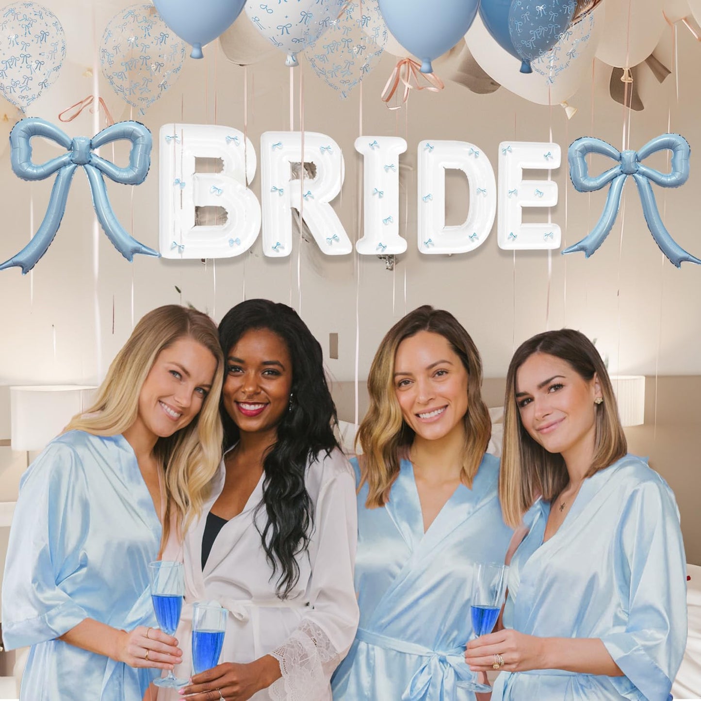 Skiennix 4Pcs Blue Bow Foil Balloons Set - Dusty Blue Mylar Balloons for Birthday & Baby Showers