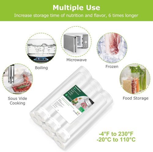 Bonsenkitchen Vacuum Sealer Rolls - 6 Pack of 11" x 20" & 8" x 20" BPA-Free Bags for Food Storage & Sous Vide