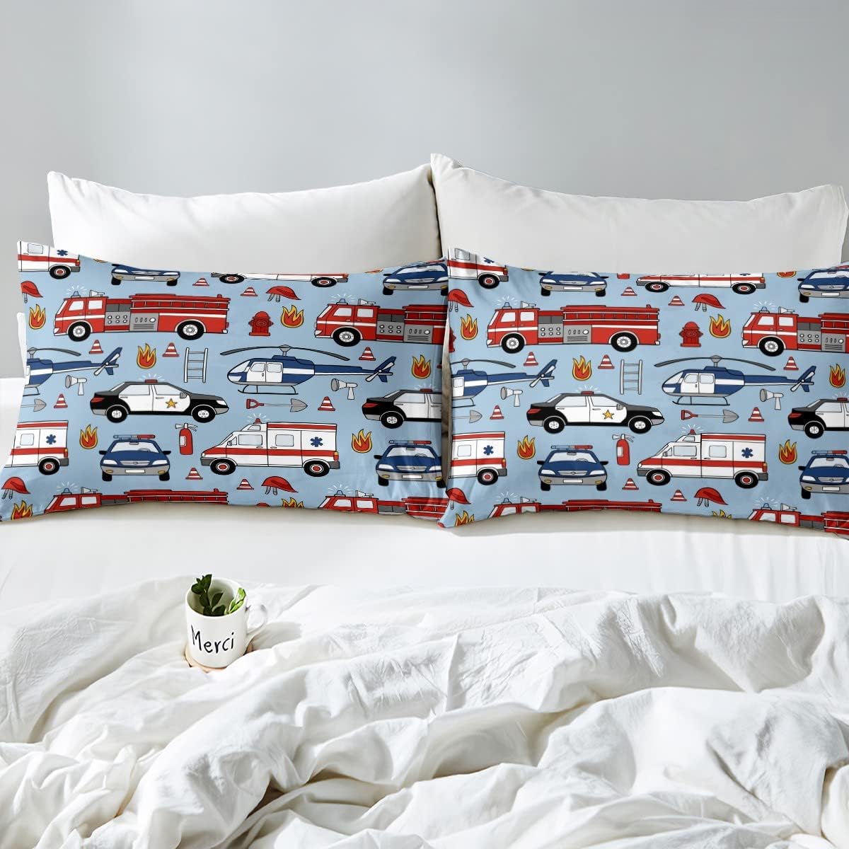 Cartoon Police Car Bedding Set Red Fire Truck Comforter Set for Kids Boys Fire Extinguisher Duvet Set Airplane Comforter 1 Comforter Set with 2 Pillowcases Full Size Boys