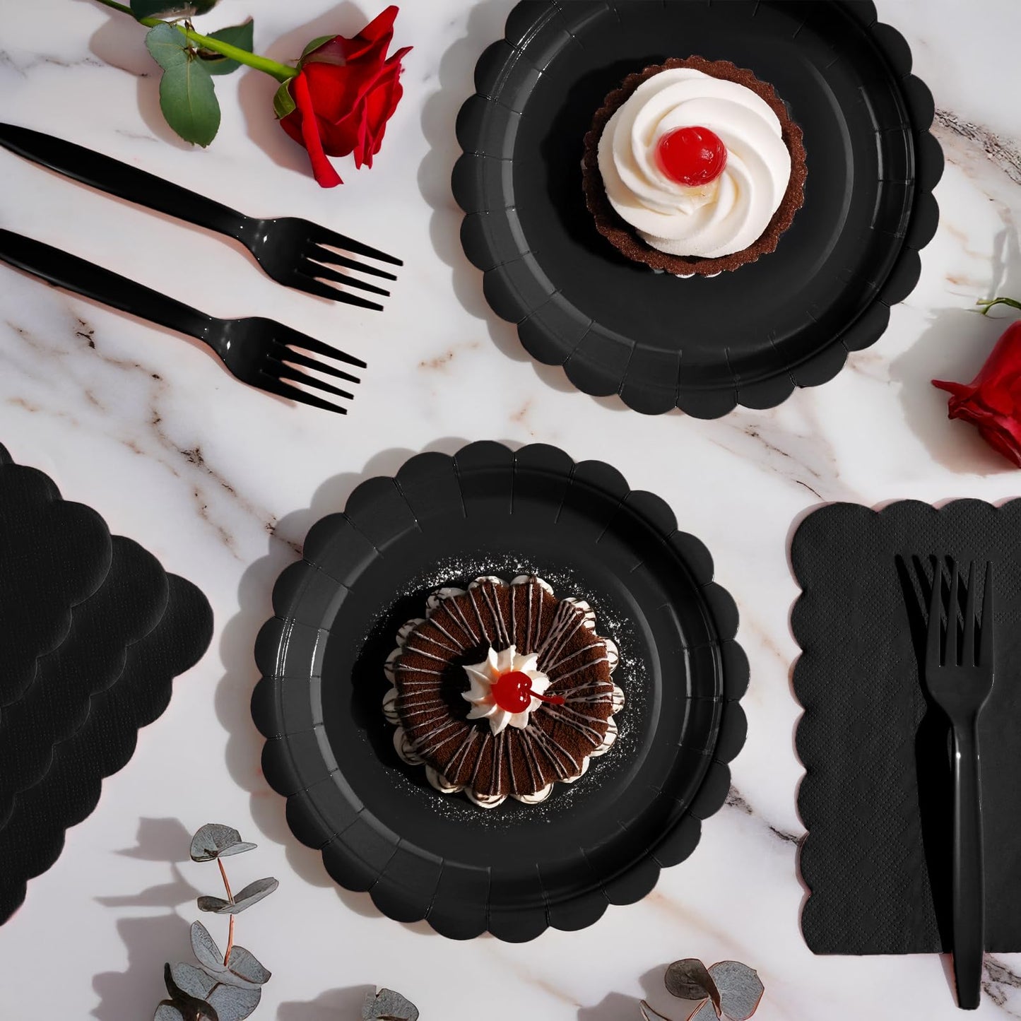 Tyzarglef 105PCS Paper Plates and Napkins Set,7 Inch Scalloped Disposable Tableware with Forks for Birthdays, Garden Parties & Outdoor Events,Serves 35 (Black)