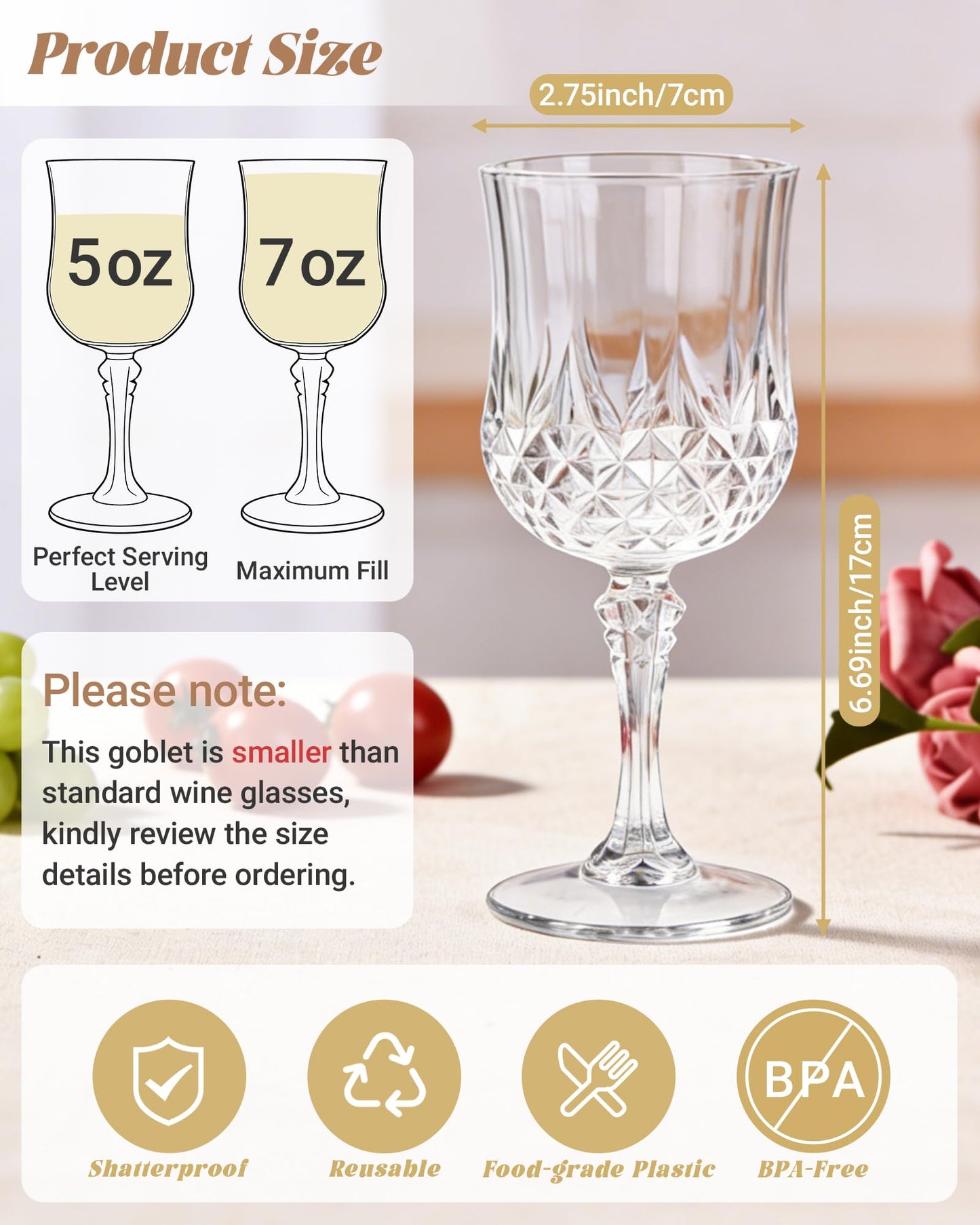 SDBALLBZ Plastic Wine Glasses Set, 7oz Vintage Goblets Shatterproof Unbreakable Reusable & Disposable, Drinking Glasses with Stem, for Wedding Outdoor Dinner Easter Party (24pcs, Clear)