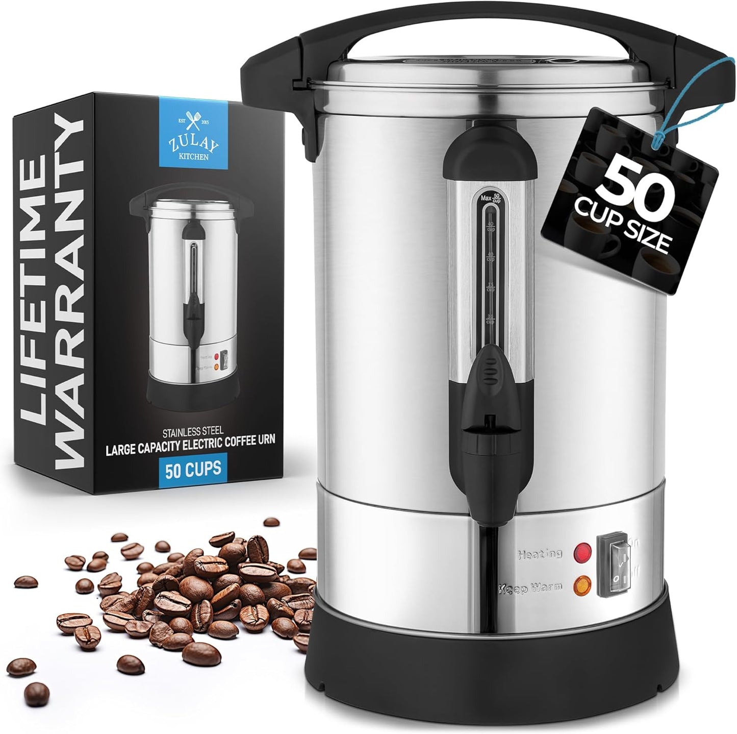 Zulay Kitchen Commercial Grade Coffee Maker - 50 Cups Double-Wall Stainless Steel Urn | Quick Brew & Hot Beverages - Silver