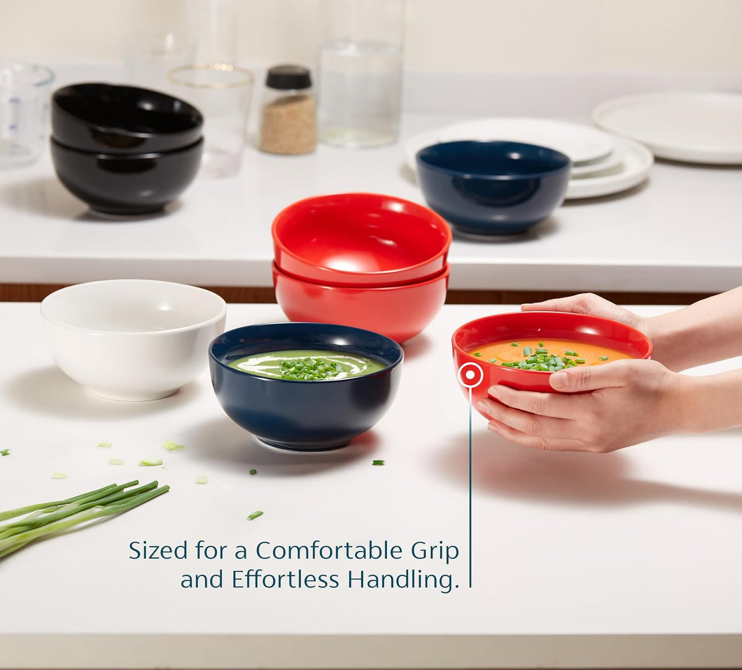 KooK Ceramic Soup & Cereal Bowls - Microwave & Dishwasher Safe, 20 oz, Set of 6 - Black