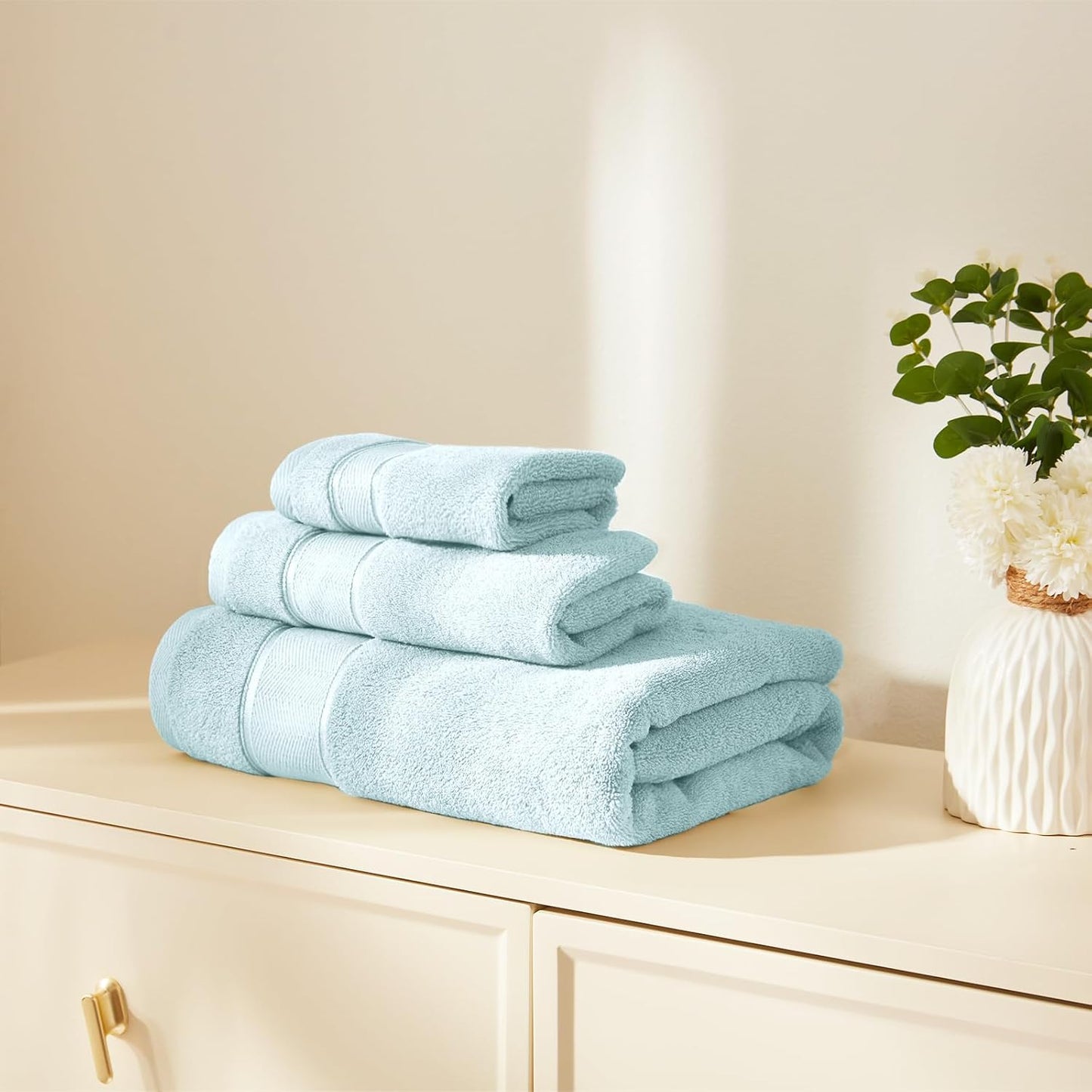 Marvione 6-Piece Bath Towels Set - 100% Turkish Cotton, Highly Absorbent & Soft | Light Aqua Blue