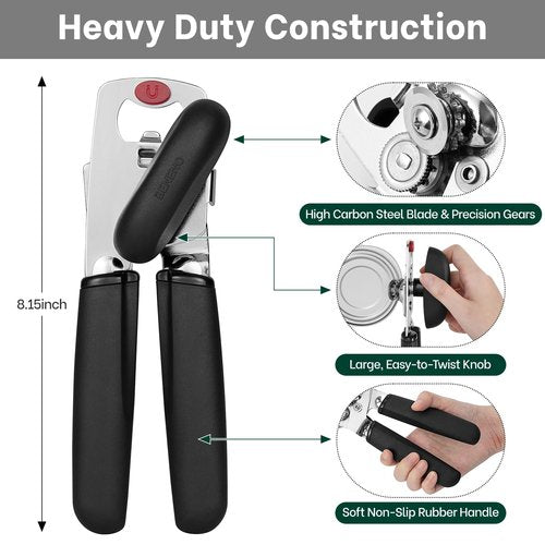Beneno Can Opener, Heavy Duty Manual Can Opener with Magnet Lid Lifter & Bottle Opener, Hand Can Opener Manual with Ergonomic Soft Grip, Easy Turn Knob for Arthritis & Weak Hands, Easy to Use, Black