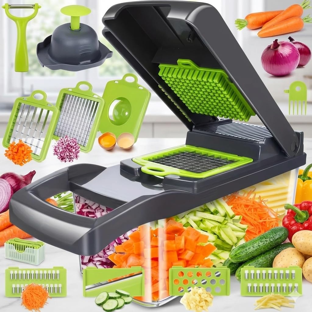 Vegetable Chopper, All in One Vegetable Chopper, 16 Blade Slicer for Kitchen, Food Chopper, Vegetable Slicer and Spiralizer, Cutter, Dicer, Grater, Kitchen Gadgets Sets with Container,