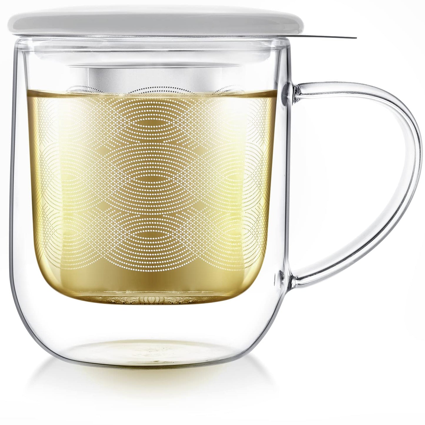 Teabloom Tea-For-One Steeping Mug – Insulated Double Wall Glass Mug (12 oz), Stainless Steel Infuser, Porcelain Lid/Coaster – Radiance Brewing Mug