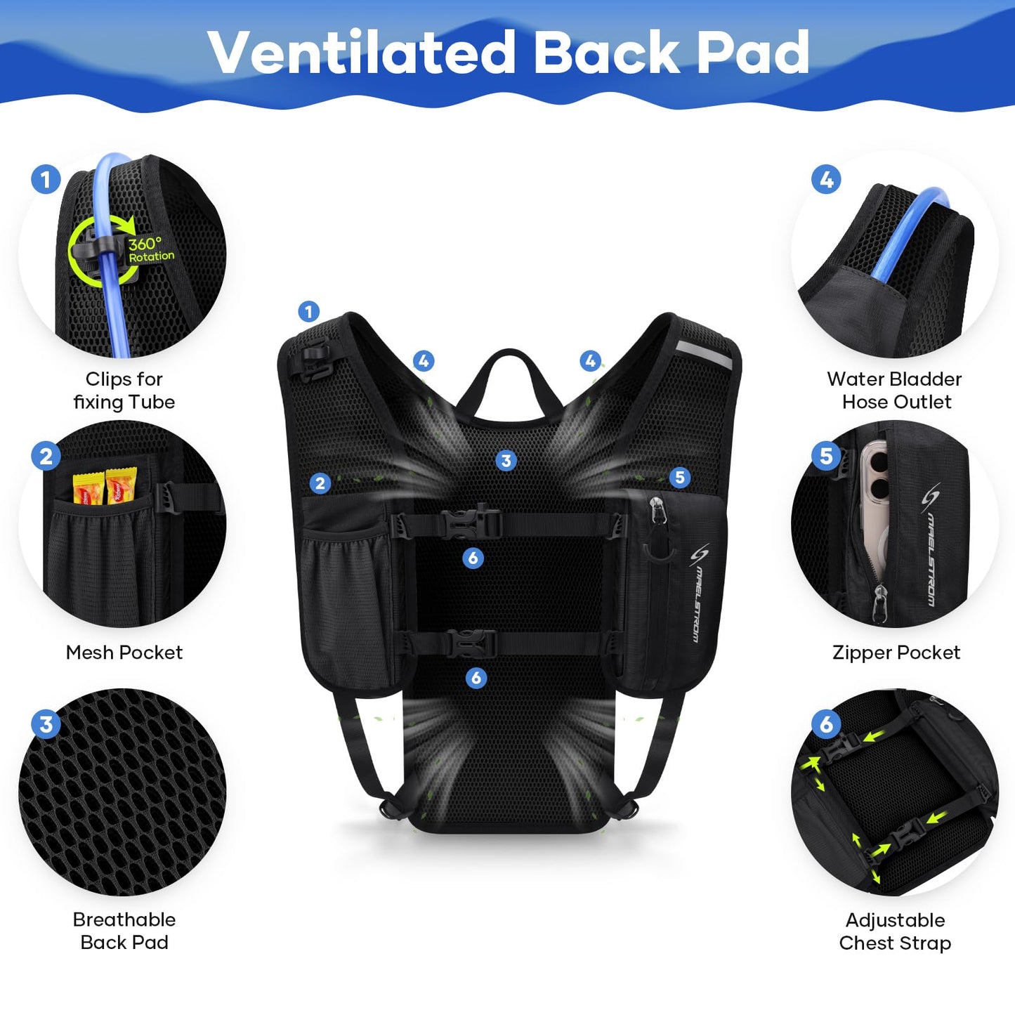 Maelstrom Hydration Backpack, Hiking Backpack with 2L Water Bladder, Running Hydration Vest for Cycling Hiking Rave for Men Women (Black)