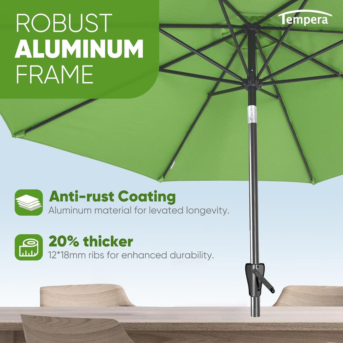 Tempera Outdoor Patio Umbrella - Large Sunshade with Push Button Tilt & Crank, Fade Resistant Canopy