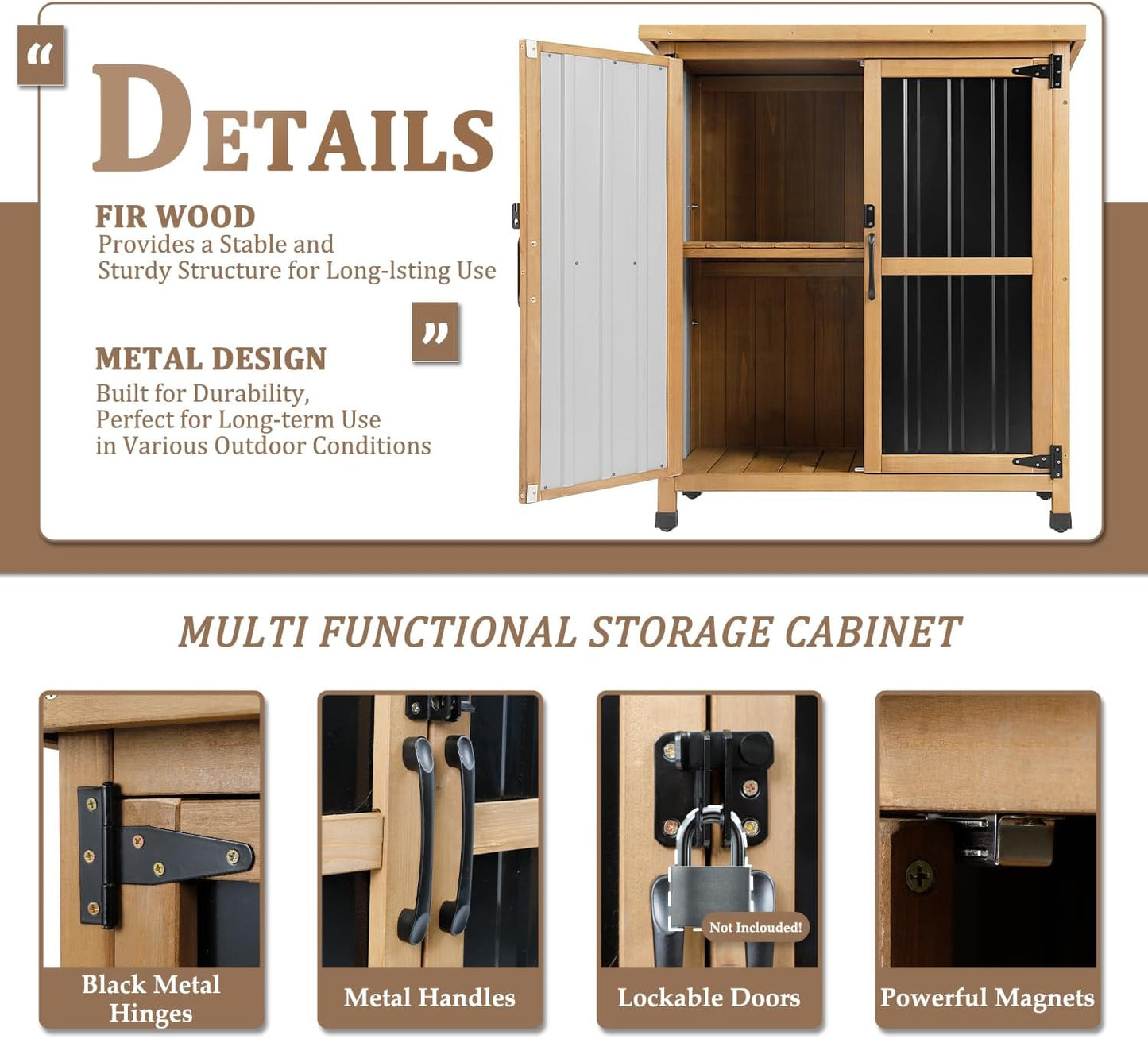 PetsCosset Weatherproof Outdoor Storage Cabinet - Lockable Wood & Metal Garden Shed for Tools & Pool Accessories