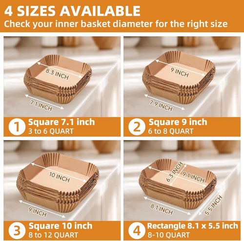 HONYAO Air Fryer Paper Liners - 10 Inch XXXL, 200 Thick Disposable Square Liners for 8-12 Qt Air Fryers