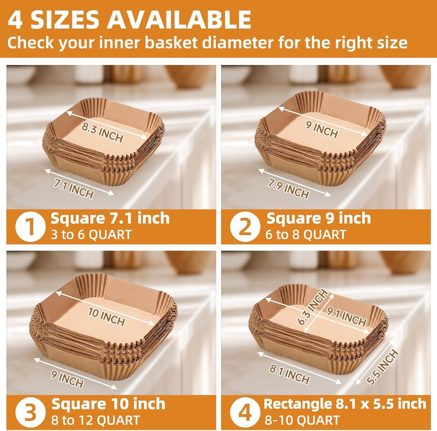 Ninja Air Fryer Paper Liners - Thickened Disposable Square Liners for 4-6 Qt Air Fryers | 8.3" Top Size