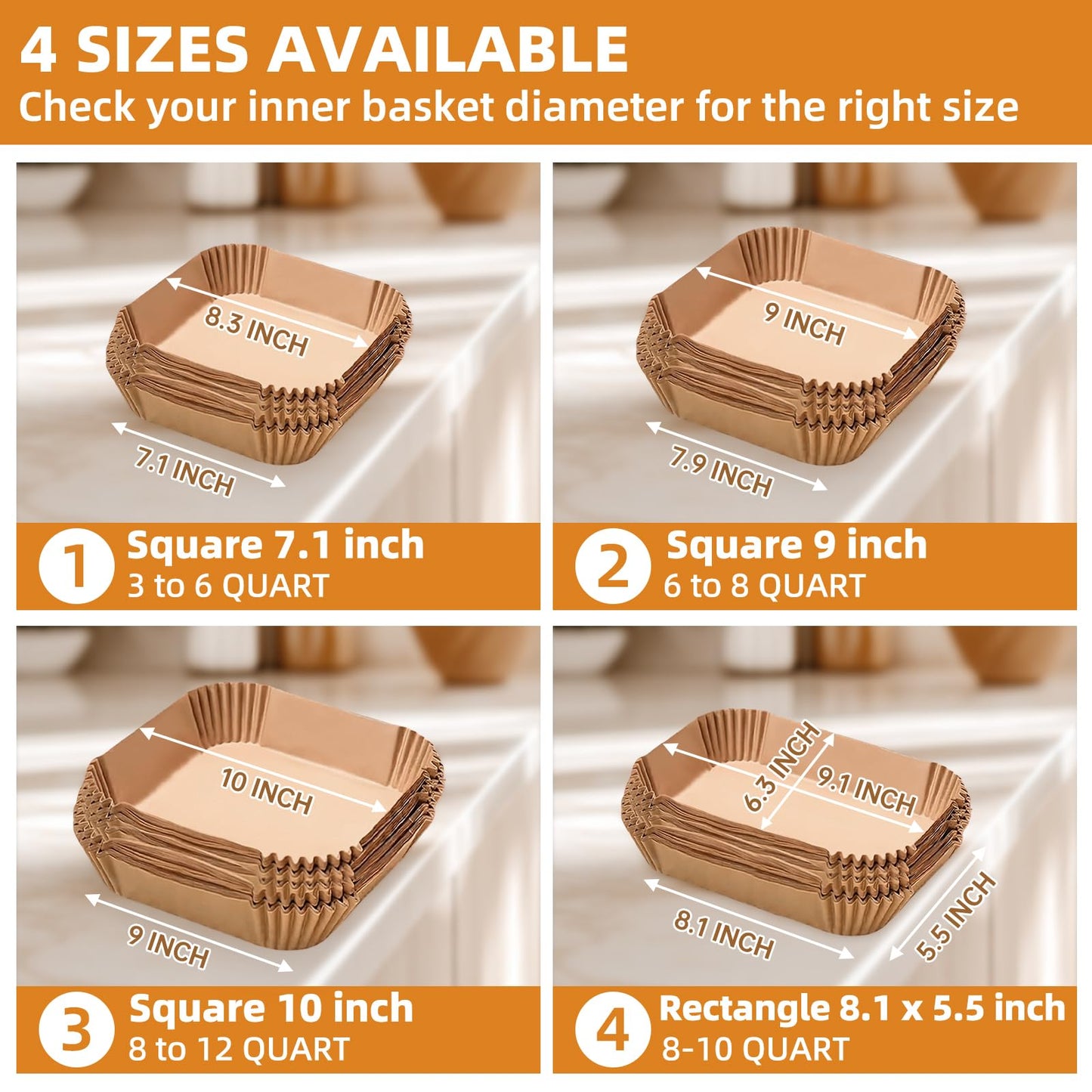 Air Fryer Paper Liners for 4 qt / 5 qt / 6 qt, Thickened Square Disposable Liner Compatible with Ninja/Chefman/Cosori/Instant Pot and other 4q-6qt Airfryer (8.3'' on Top)