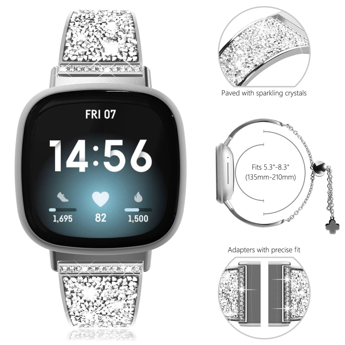 NewWays Compatible with Fitbit Versa 3/ Fitbit Versa 4 Band for Women, Crystal Bling Jewllery Bangle Compatible for Fitbit Versa 3 4 Sense Sense 2, with Stopper Toggle Closure, Silver