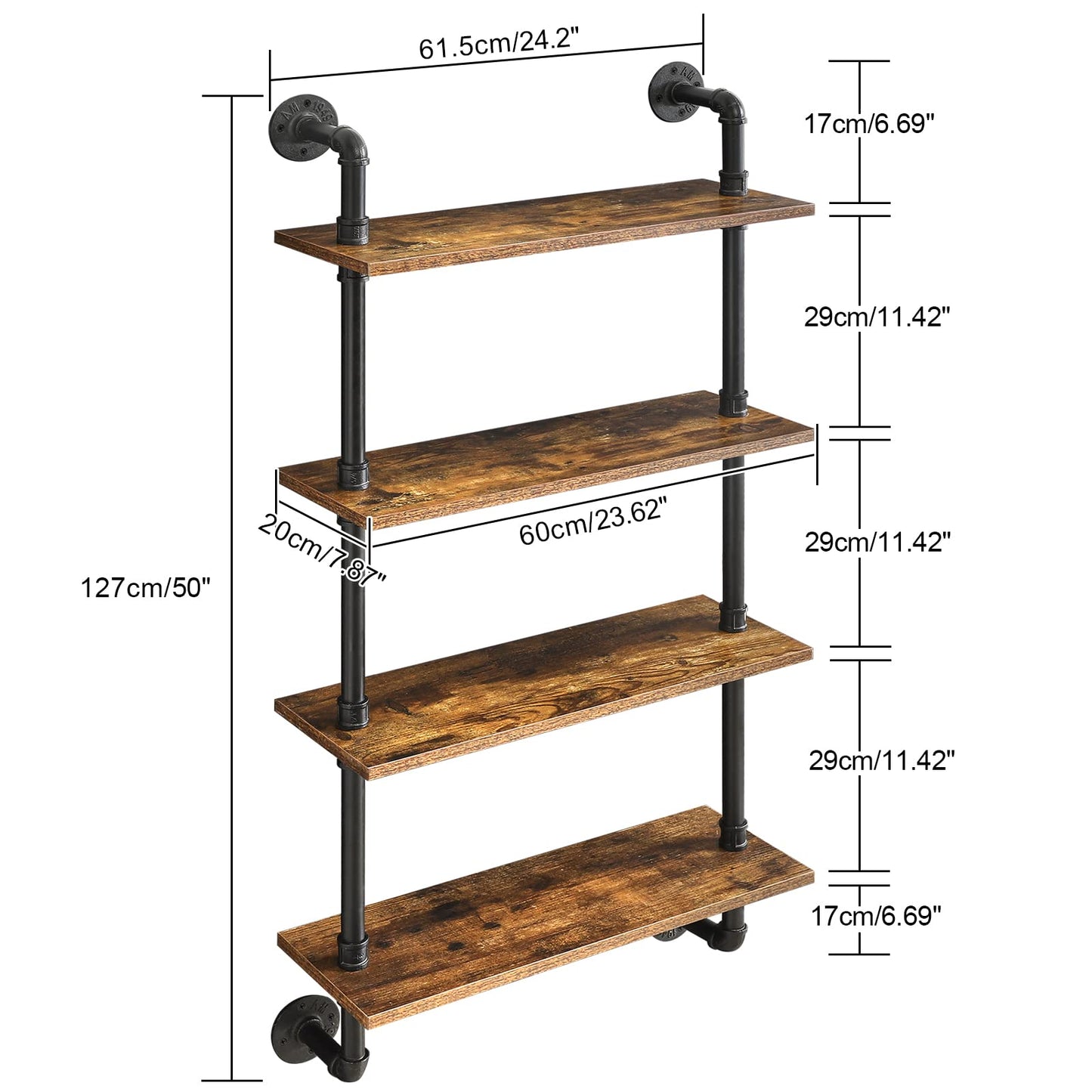 YMYNY Industrial Pipe Shelf Bracket, 4 Tiers Retro Wall Mounted Floating Shelf, Wood DIY Bookshelf, Storage Shelves for Living Room, Bedroom, Office, 24" Farmhouse Bathroom Shelving, UHWS002H