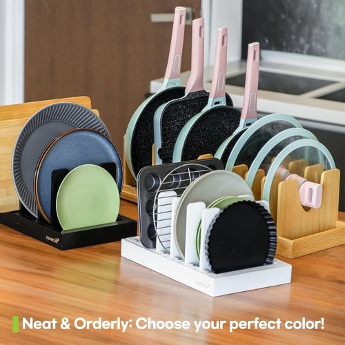 Bamboo Pots and Pans Organizer - Expandable Under Cabinet Storage for Bakeware & Cutting Boards | Adjustable Lid Holder