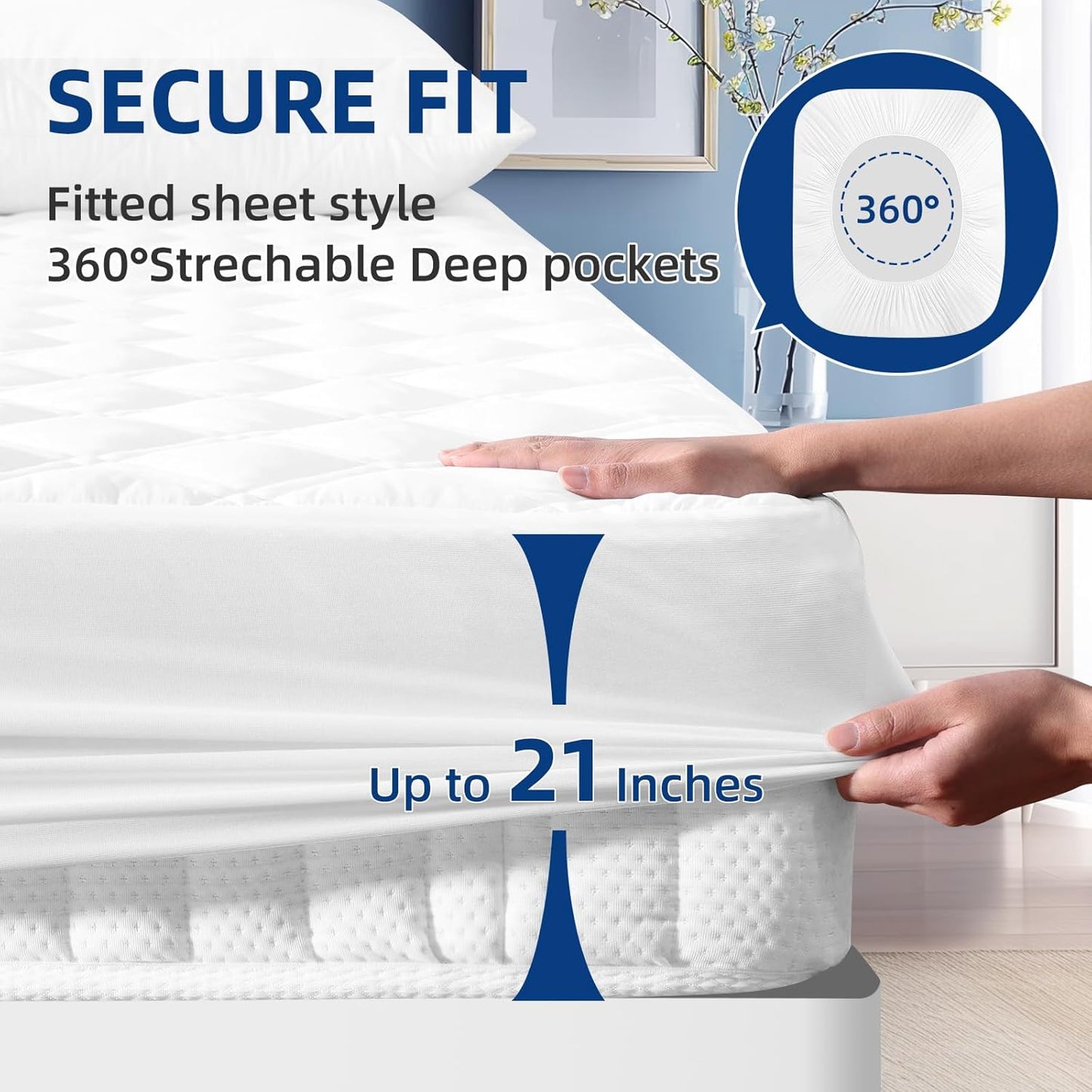 MEELUS Padded Queen Mattress Protector - Breathable Waterproof Cover with Deep Pockets | Soft, Noiseless, Washable, White