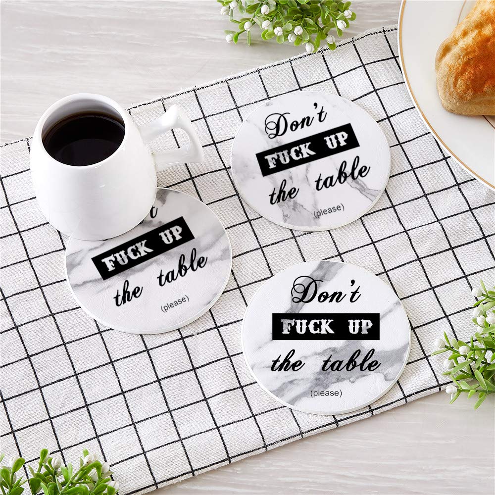 Thipoten Funny Coasters, 6 Pcs Leather Coasters with Holder, Perfect Housewarming Hostess Gifts, Protect Furniture from Water Marks Scratch and Damage(6Pcs, White Marble)