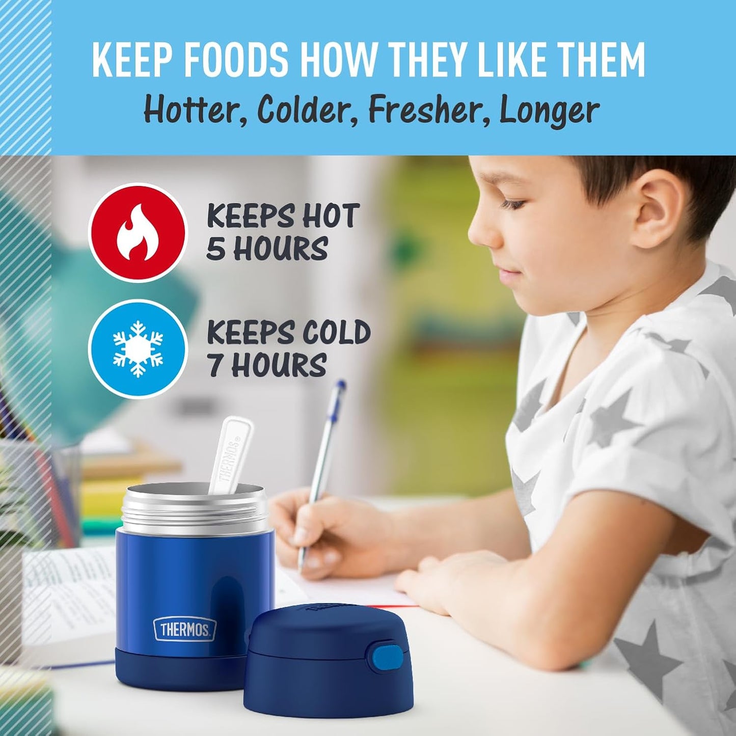 THERMOS FUNTAINER 10 Ounce Stainless Steel Kids Food Jar - Vacuum Insulated with Folding Spoon, Navy