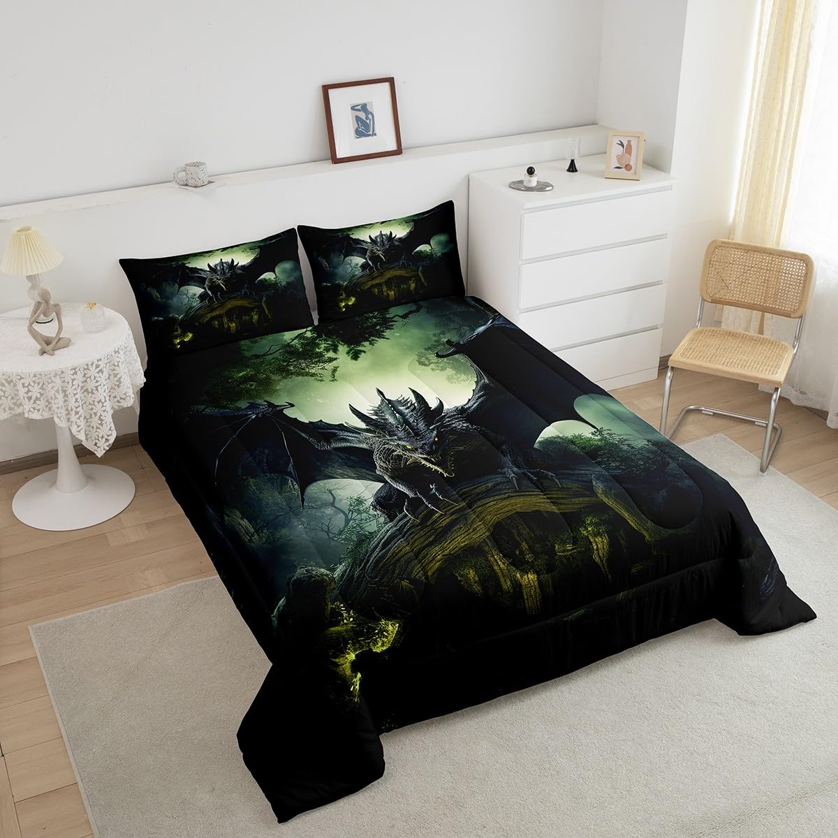 Erosebridal Flying Dragon Bedding Print for Boys Girls Room Decor - Dragon Bedding King, Exotic Dragon Comforter Set Tropical Rainforest Quilt Soft Microfiber Duvet Insert with 2 Pillow Cases