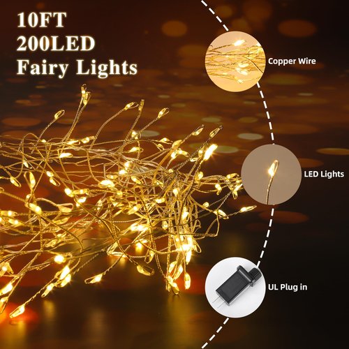 Clearzen Fairy Lights 10 Feet 200 LEDs Cluster Lights Waterproof Firecracker String Light UL Plug Power Supply with Remote 8 Lighting Modes for Ceiling Bedroom Wreath Wedding Christmas, Warm White