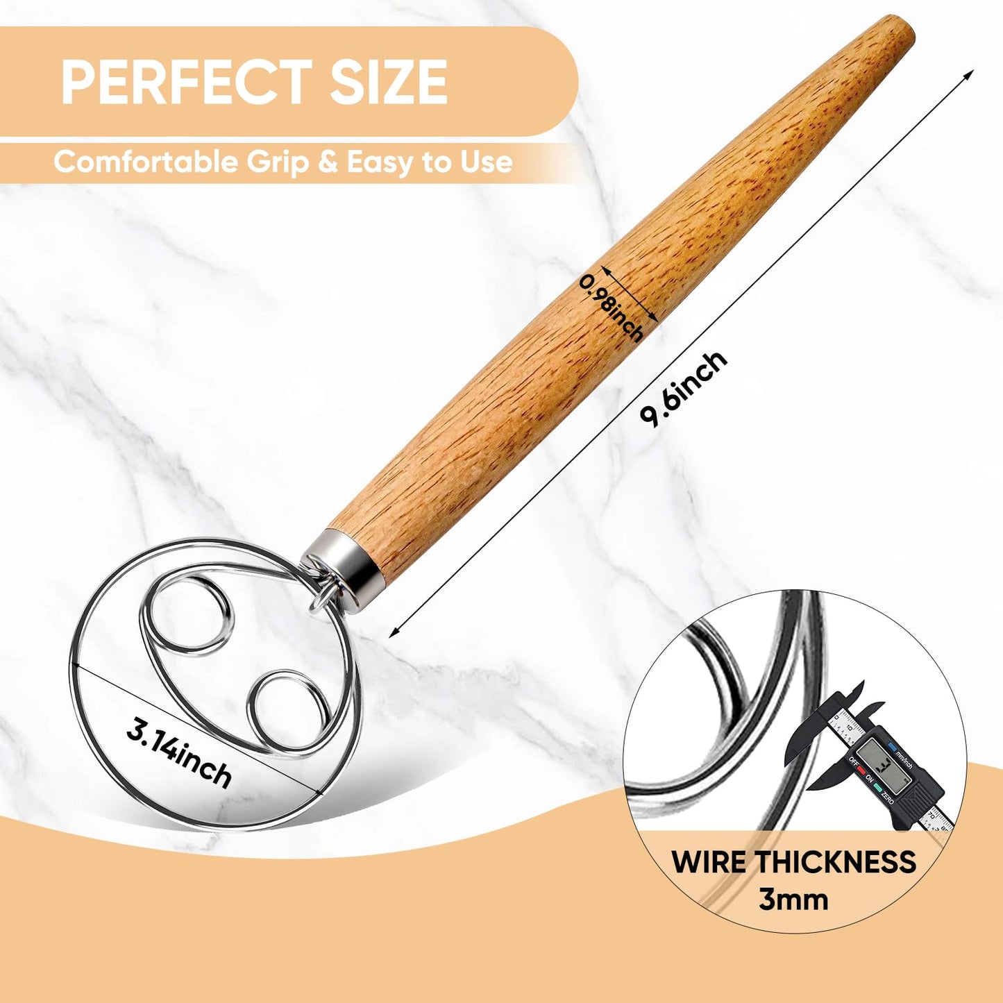 Maxjoy Danish Dough Whisk for Bread Sourdough Baking Mixing - Stainless Steel Hook with Wooden Handle