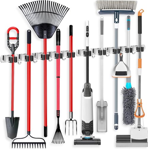 IMILLET Wall Mount Broom Holder - Stainless Steel Organizer with 5 Racks & 4 Hooks | Heavy Duty Storage Solution for Laundry Room & Garage
