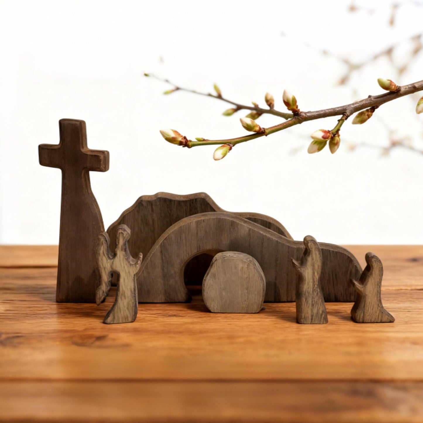FESTGLOX Empty Tomb Easter Scene for Christian Decoration, Wooden Easter Resurrection Scene with Cross for Religious Display, Nativity Jesus Tomb Set for Home Office Tabletop Tray, Shelf Decor