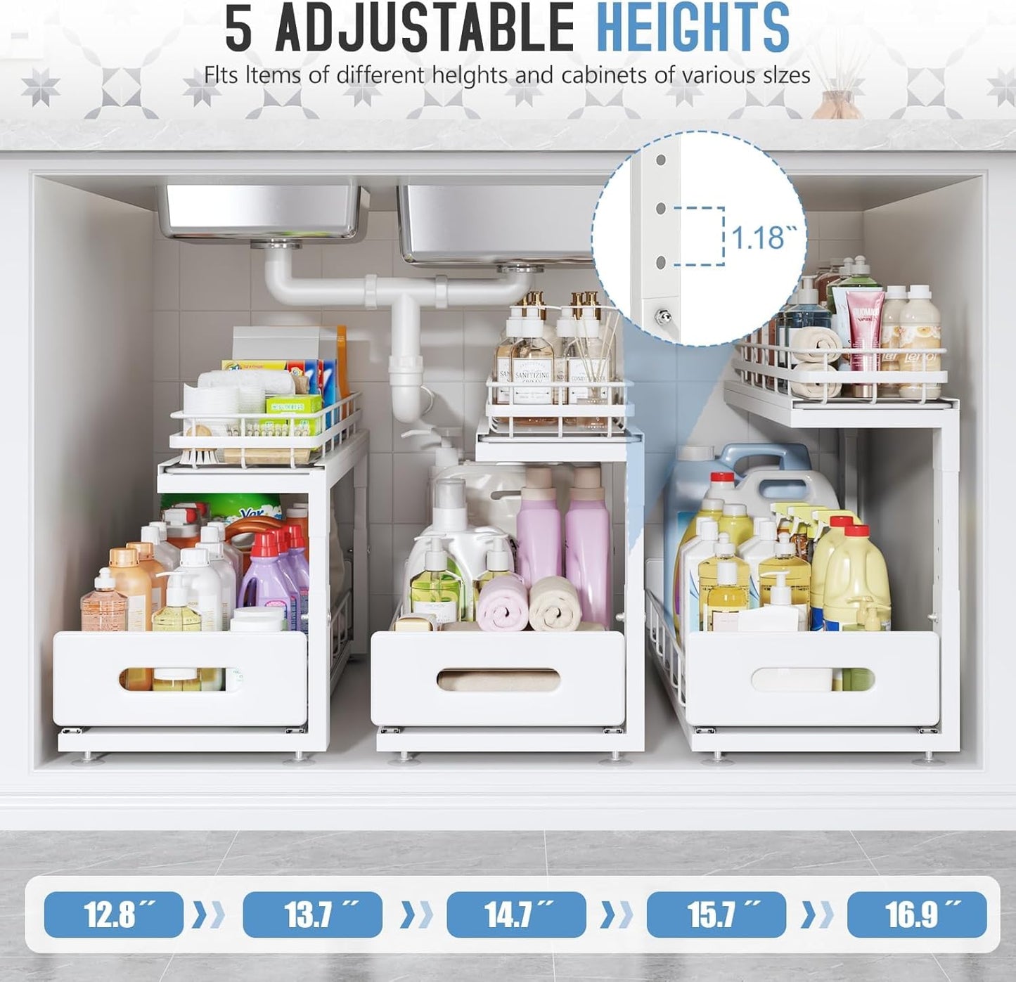 Under Sink Organizer | Professional 2-Tier Dual Pull-Out Cabinet Storage - Height Adjustable Drawers, 2 Pack, White